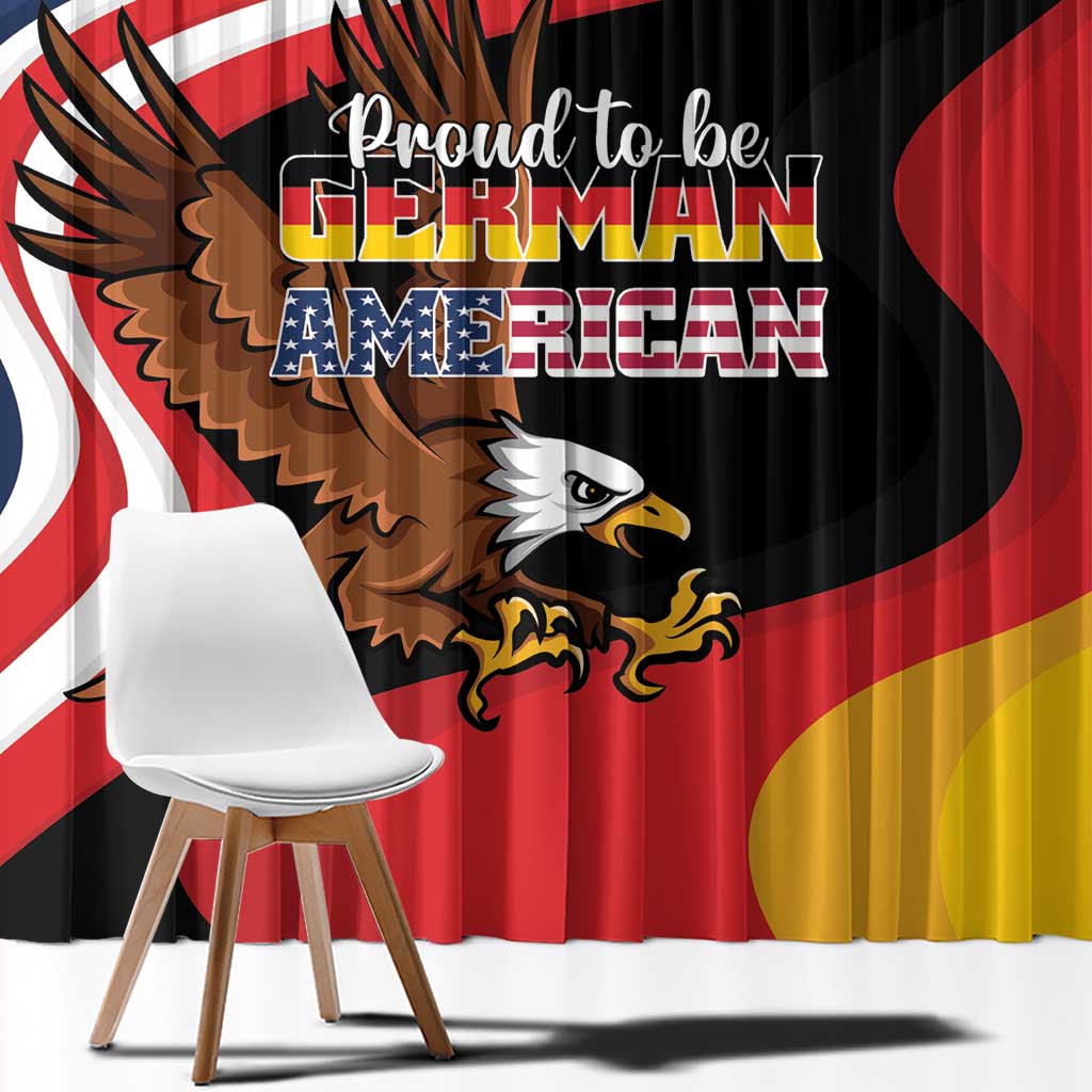 Black window curtain with close-up eagle, “Proud to be German American” text, and flag stripes