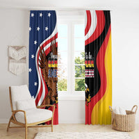 Window curtain panels with German eagle and American flag wave design in blue, red, black, and gold