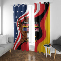 Window curtain panels with eagle and “Proud to be German American” text; blue and yellow-gold sides