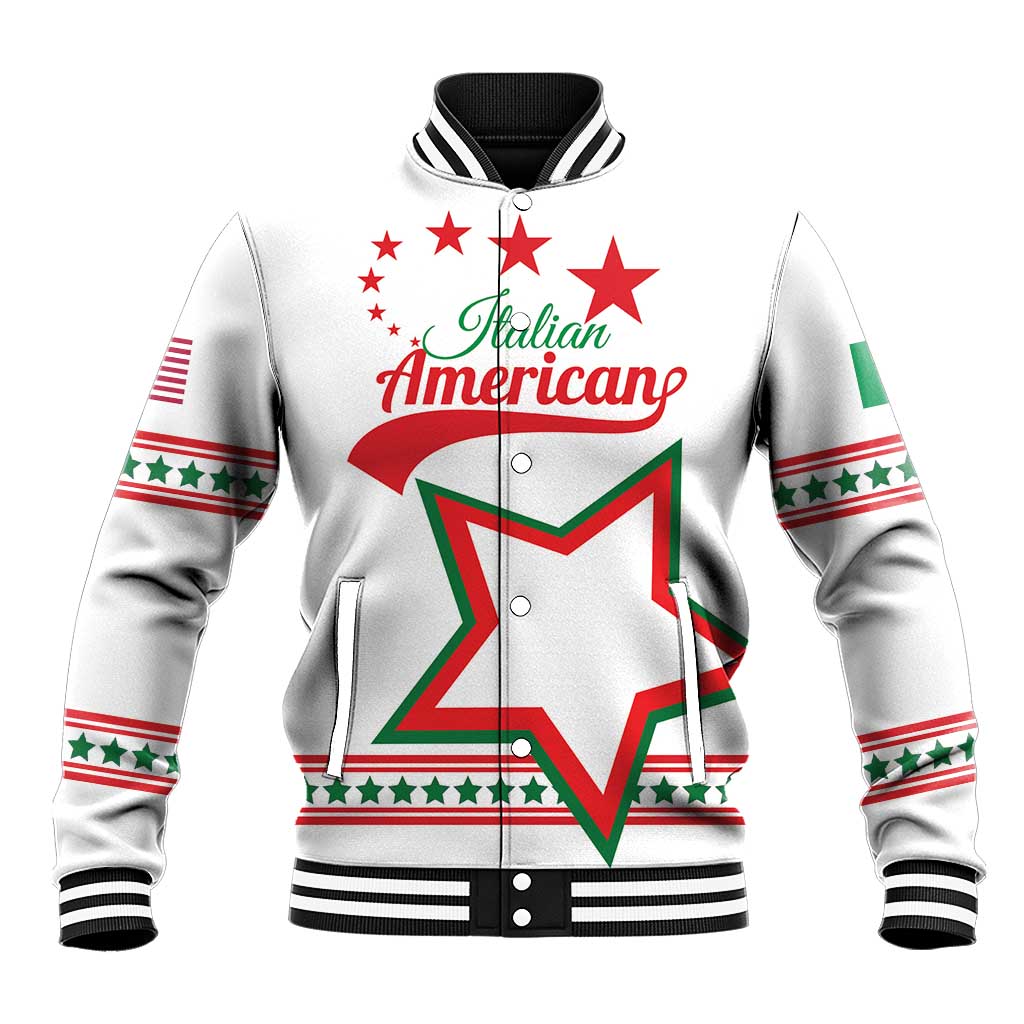 White baseball jacket with ribbed collar, cuffs, striped sleeves, Italian American graphic
