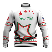 White baseball jacket with ribbed collar, striped sleeves, Your Text star graphic on back