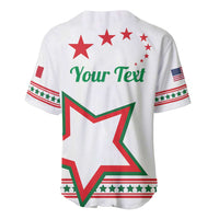 White baseball jersey back with 'Your Text' and large red/green star design
