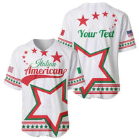 Two white baseball jerseys with star graphics and text: 'Italian American'/'Your Text'