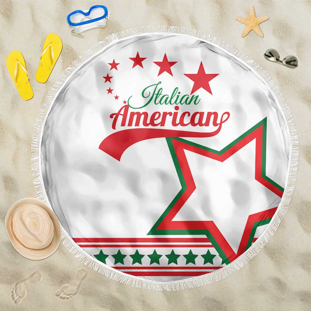 Round white beach blanket with fringe, Italian American star logo graphic