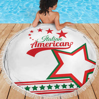 Round white beach blanket with fringe, Italian American star logo on deck