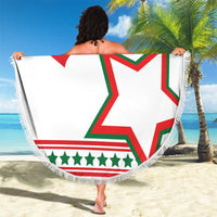 Round white beach blanket with fringe, Italian American star graphic held up