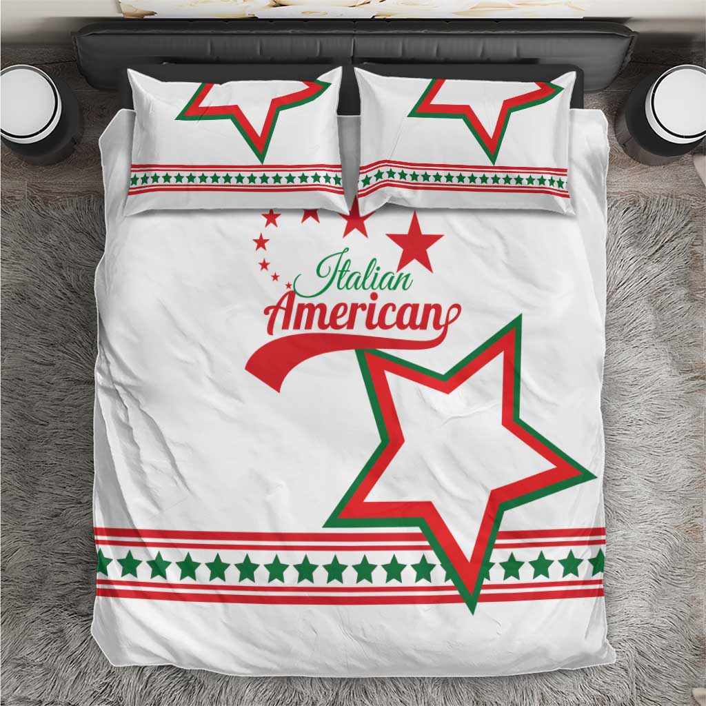 White bedding set with red/green star and “Italian American” on duvet and pillows