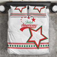 White bedding set with red/green star and “Italian American” on duvet and pillows