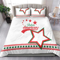 White bedding set on bed with “Italian American” and large green/red star graphic
