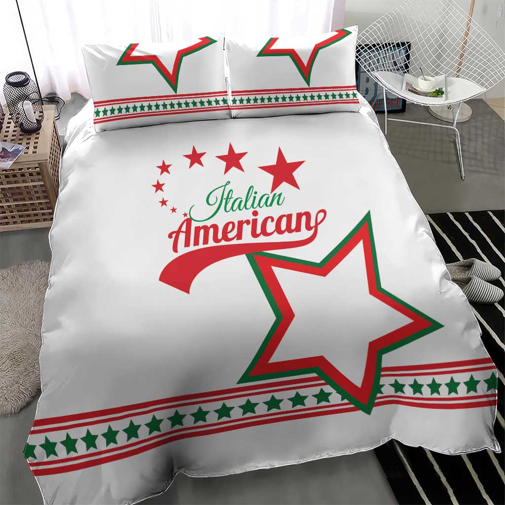 White duvet bedding set with “Italian American” script and large star graphic