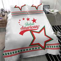 White duvet bedding set with “Italian American” script and large star graphic
