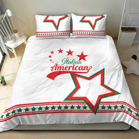 White bedding set with “Italian American” text and green/red border on duvet
