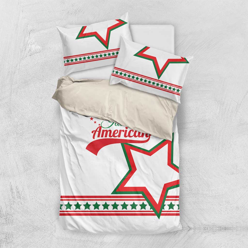 White bedding set shown flat with “Italian American” and large green/red star graphic