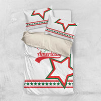 White bedding set shown flat with “Italian American” and large green/red star graphic