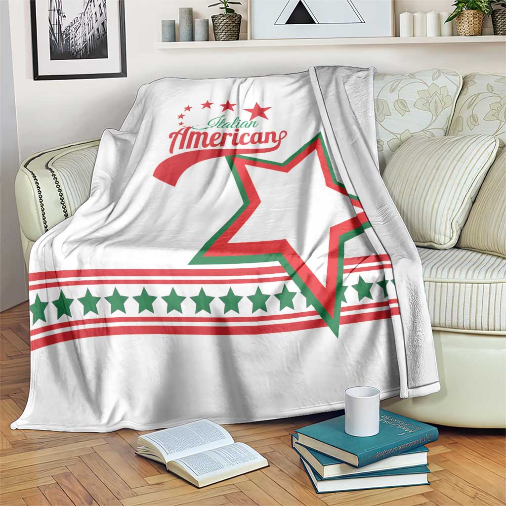White blanket with Italian American text and large green-red star graphic