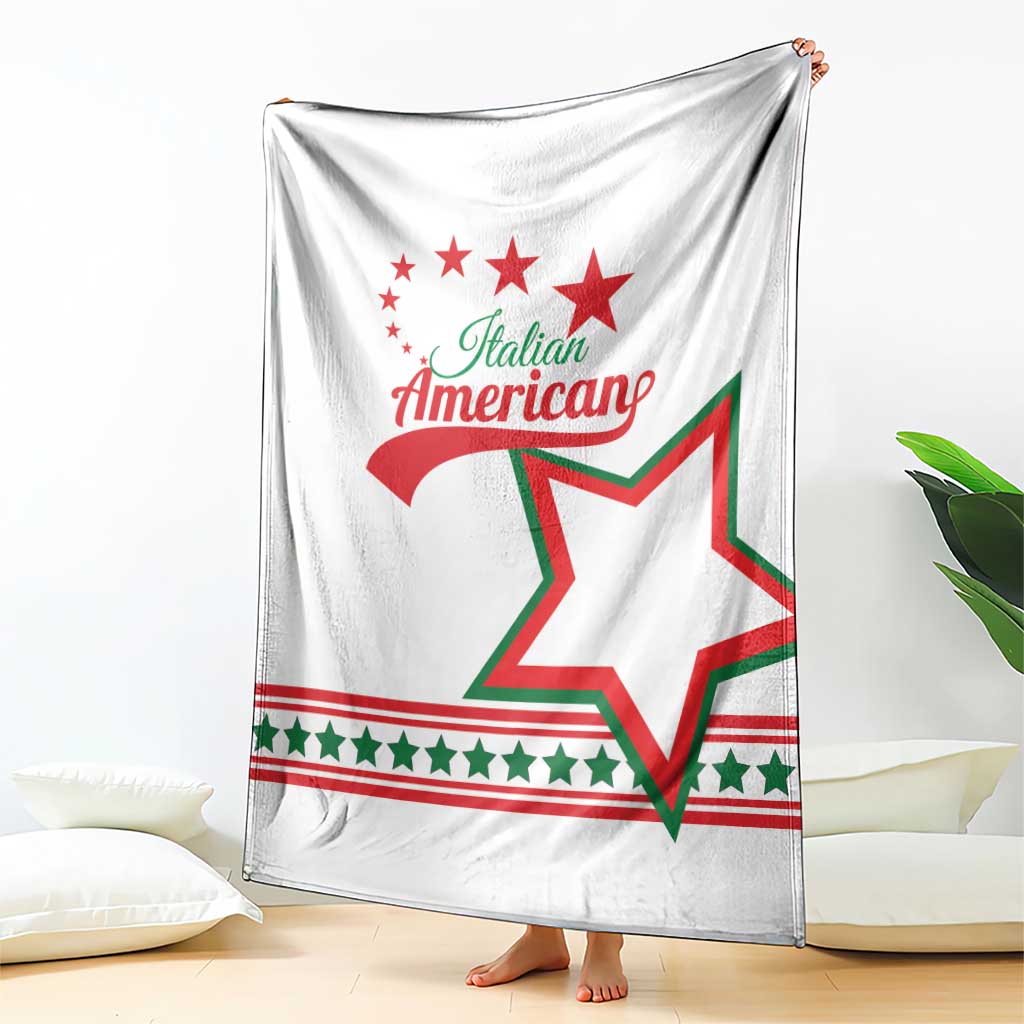 White blanket draped with Italian American logo, green-red star and red stripe