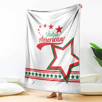White blanket draped with Italian American logo, green-red star and red stripe