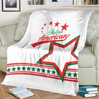 White blanket with Italian American text, green-red star, and red bottom stripe