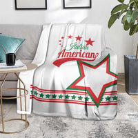 White blanket with Italian American text and green-red star stripe across center