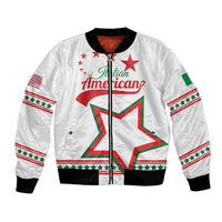 White bomber jacket with front zipper, ribbed cuffs, and Italian American star graphic