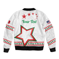 White bomber jacket with ribbed cuffs, star graphic, and 'Your Text' on back