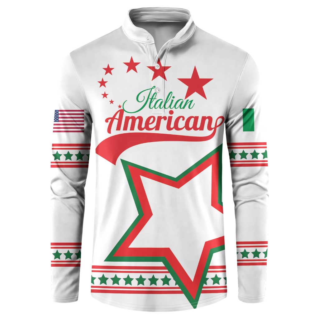 White zip-up sweatshirt with red-green star graphic and “Italian American” text
