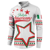 White zip-up sweatshirt front with “Italian American” text, star emblem, and flag stripes