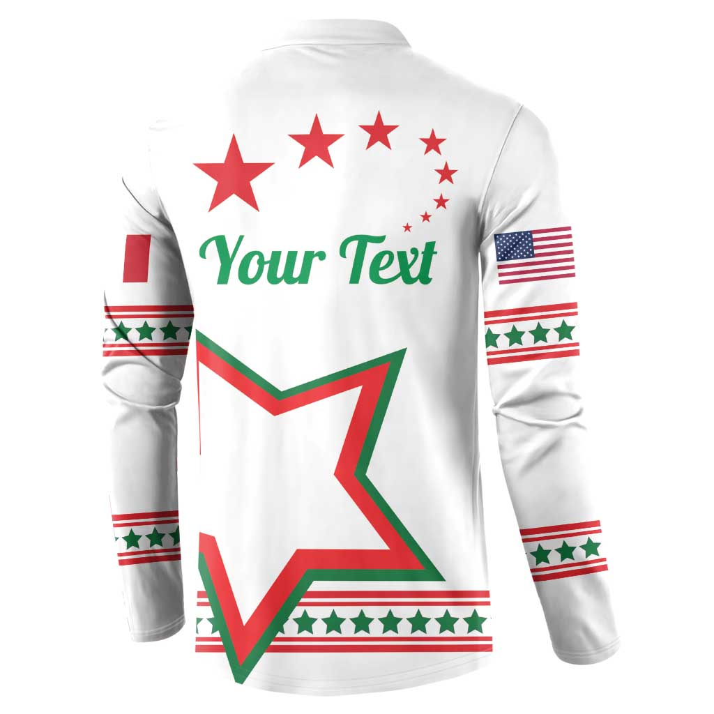 White zip-up sweatshirt back with “Your Text,” red-green star, and striped flag sleeves
