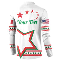 White zip-up sweatshirt back with “Your Text,” red-green star, and striped flag sleeves