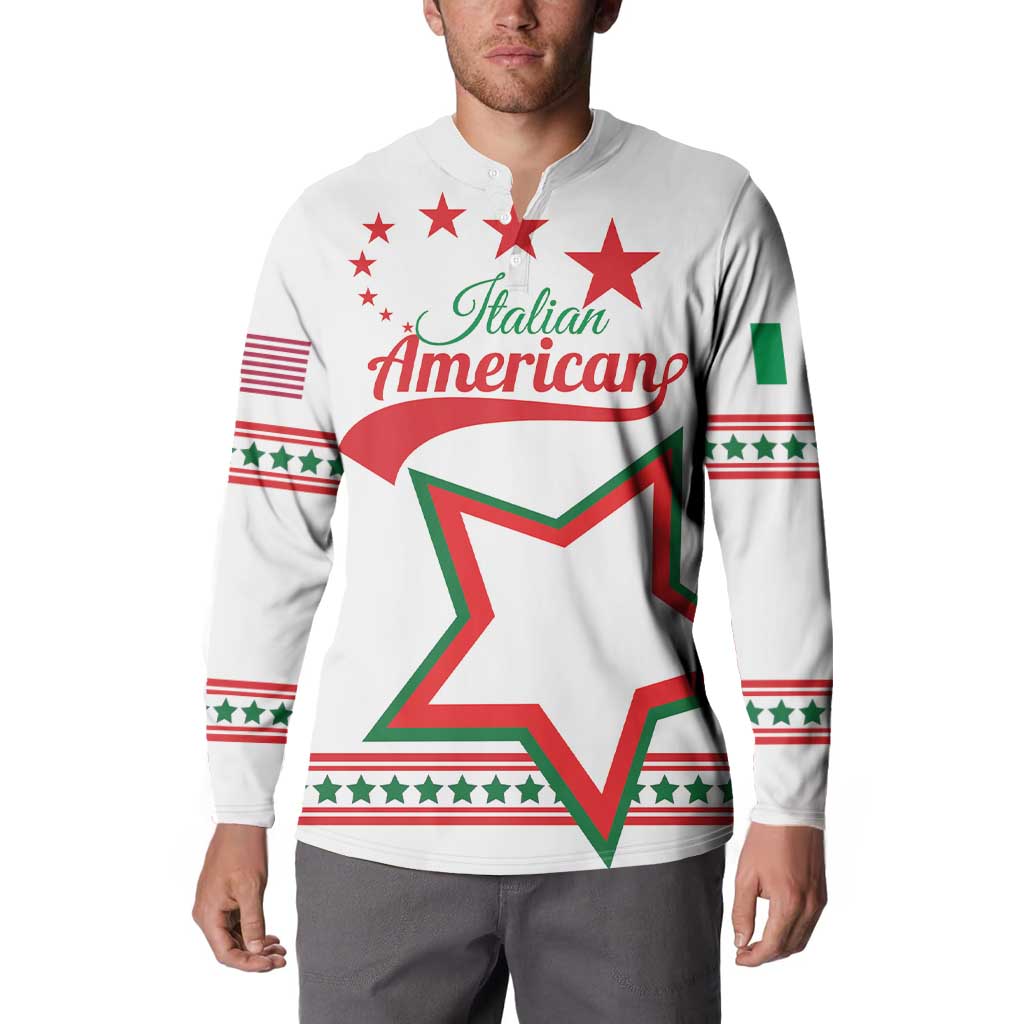 White zip-up sweatshirt on model: “Italian American” star graphic with flag stripe sleeves