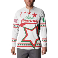 White zip-up sweatshirt on model: “Italian American” star graphic with flag stripe sleeves
