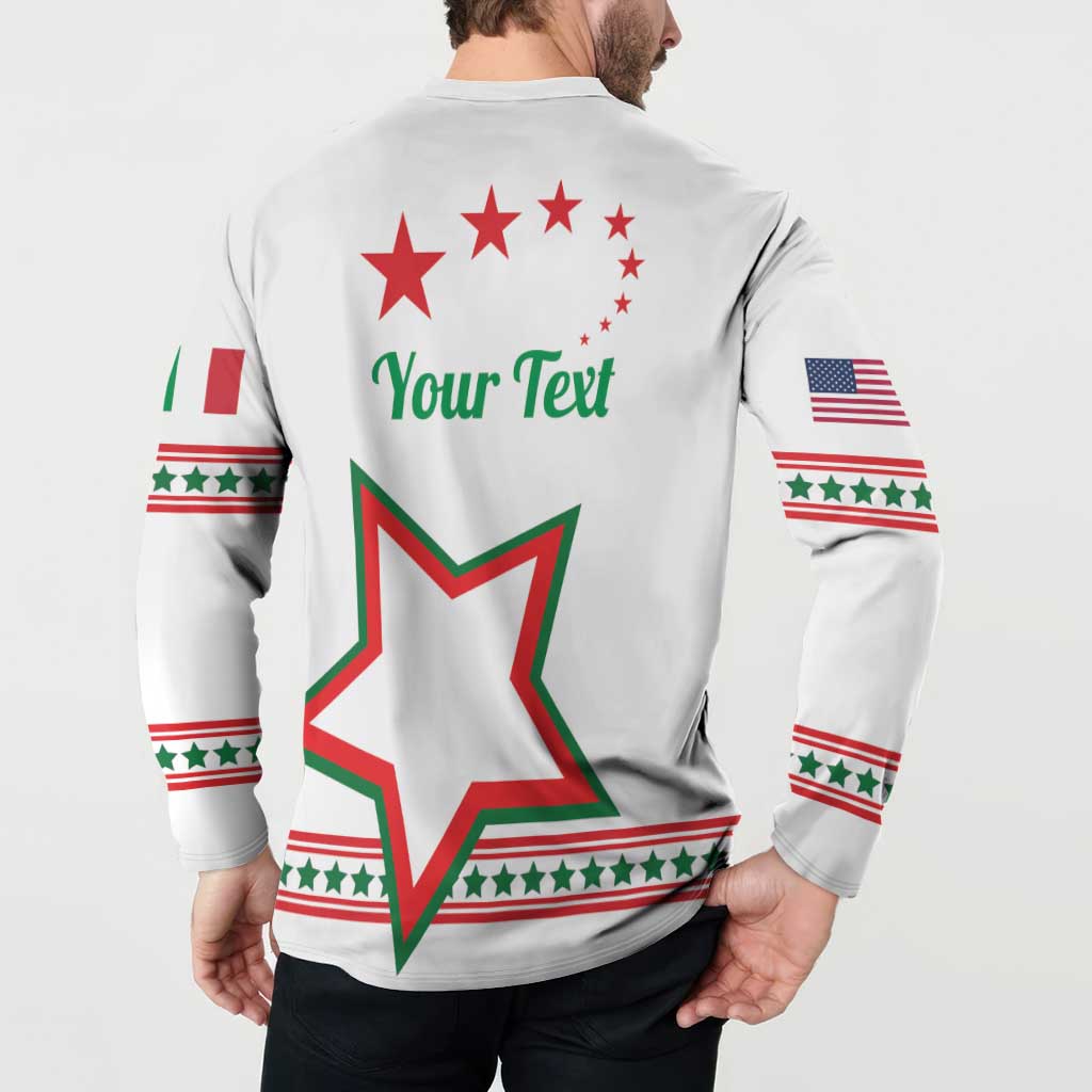 White zip-up sweatshirt on model back: “Your Text” above red-green star and flag sleeves