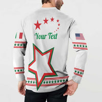 White zip-up sweatshirt on model back: “Your Text” above red-green star and flag sleeves