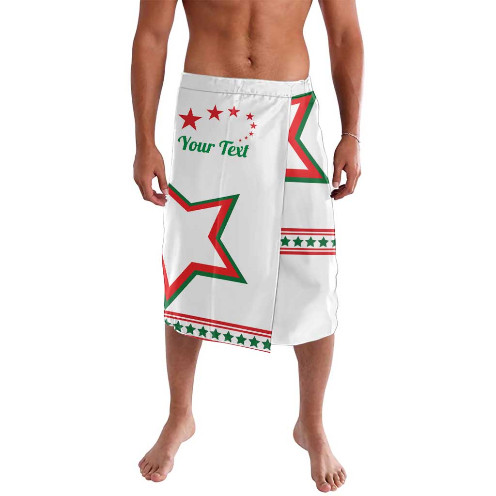 White lavalava skirt with large green-red star and striped hem; personalized text panel