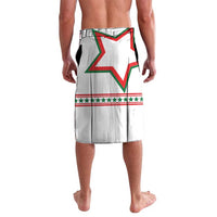 White lavalava skirt, back view, large star print with red-green stripes along hem
