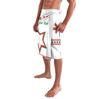 White lavalava skirt angled view, star-and-striped graphic with personalized text on front