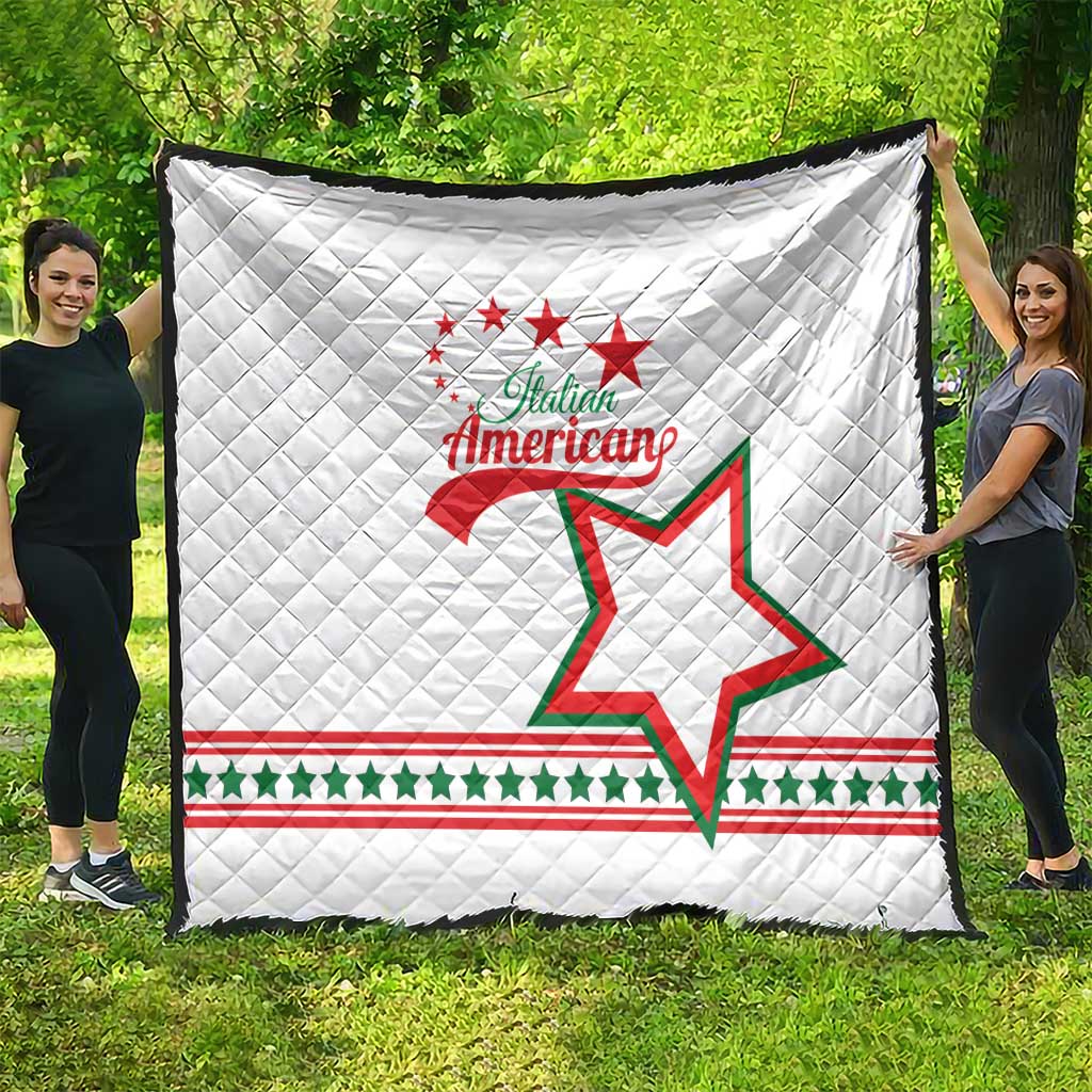 White quilt with diamond stitching, Italian American emblem and green star motif