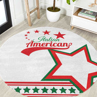 Round white carpet with Italian American text and oversized red star with green outline