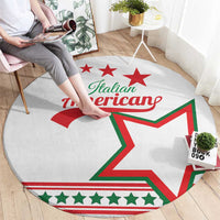 Round white carpet with Italian American text and red-and-green star design