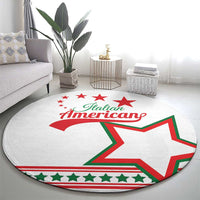 Round white carpet with Italian American text, red star, and green-red striped border