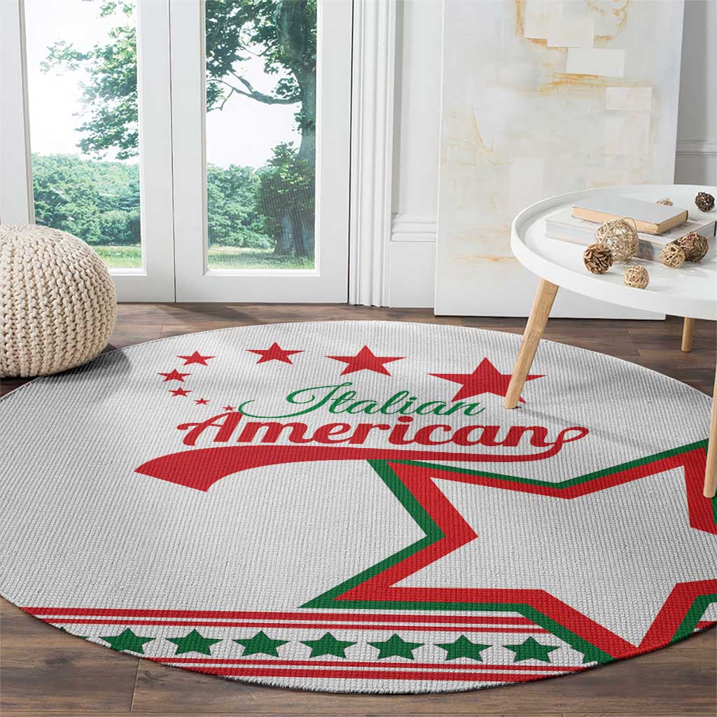 Round white carpet with Italian American text, star design, and green-red stripe edge