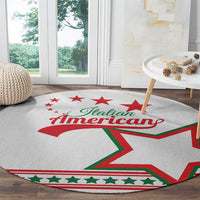 Round white carpet with Italian American text, star design, and green-red stripe edge