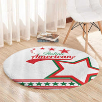 Round white carpet with Italian American text, red star, and green border stripes