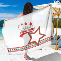 White sarong with Italian American text and large red-green star graphic, draped