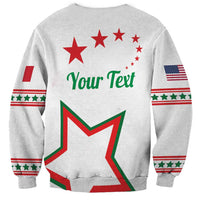 White crewneck sweatshirt with star banner, 'Your Text' print, and striped flag sleeve graphics.