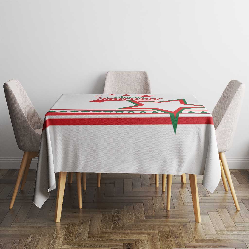 Square white tablecloth with red and green star stripe design