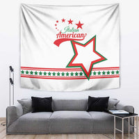 White tapestry with Italian American text, red banner, and large red star with green outline