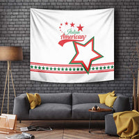 White hanging tapestry with Italian American logo, red stars arch, and green-edged star