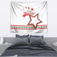 White tapestry featuring Italian American script and red banner stripe beneath a green star