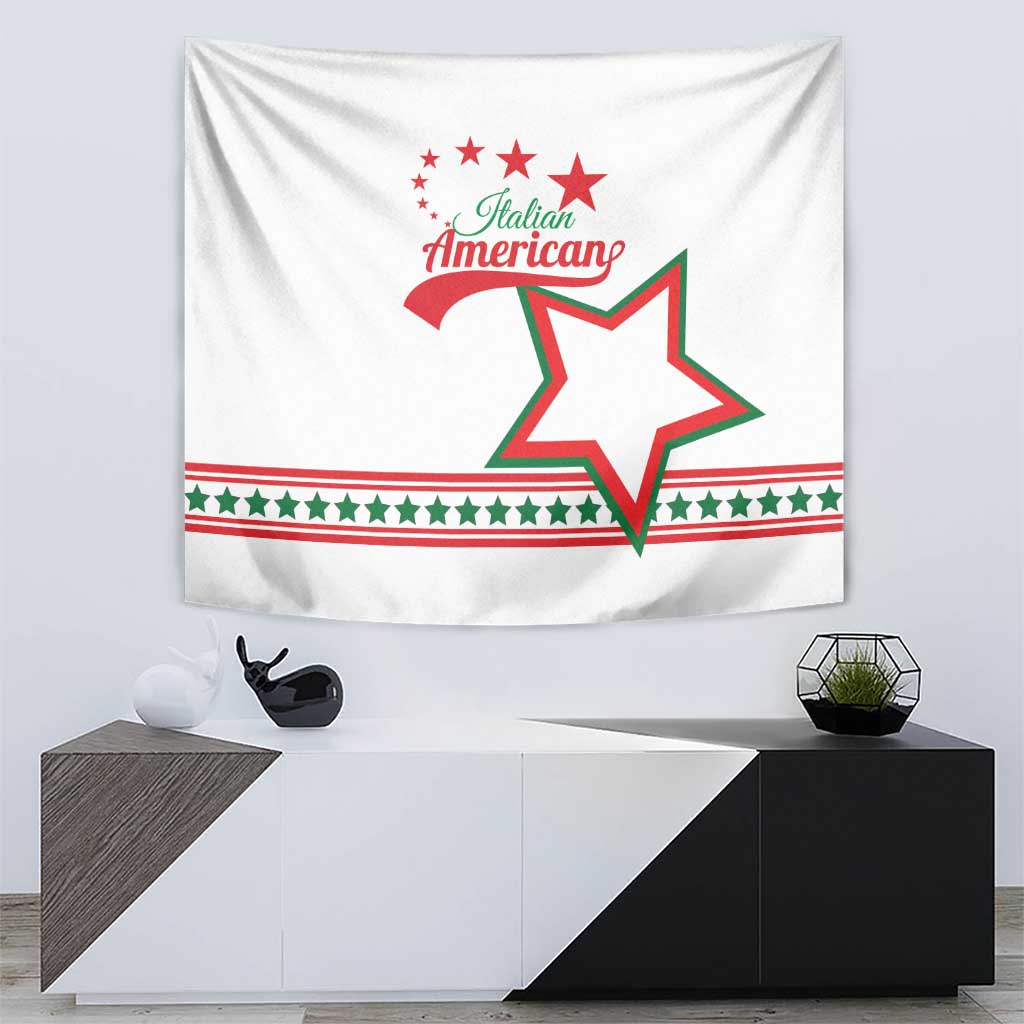 White tapestry with Italian American logo, red banner ribbon, and green-bordered star icon